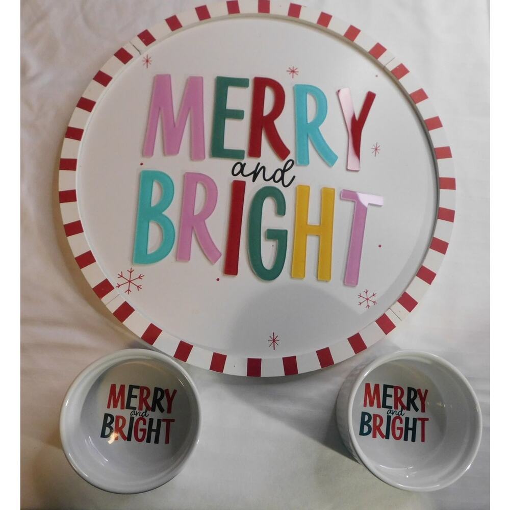 Merry And Bright Raised Letter Circular Wall Sign, 2 Small Ceramic Ramekin Bowls